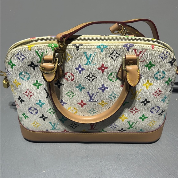 White with Colorful Monogram Pattern Purse Bag with Handles and Shoulder Strap - Picture 10 of 16